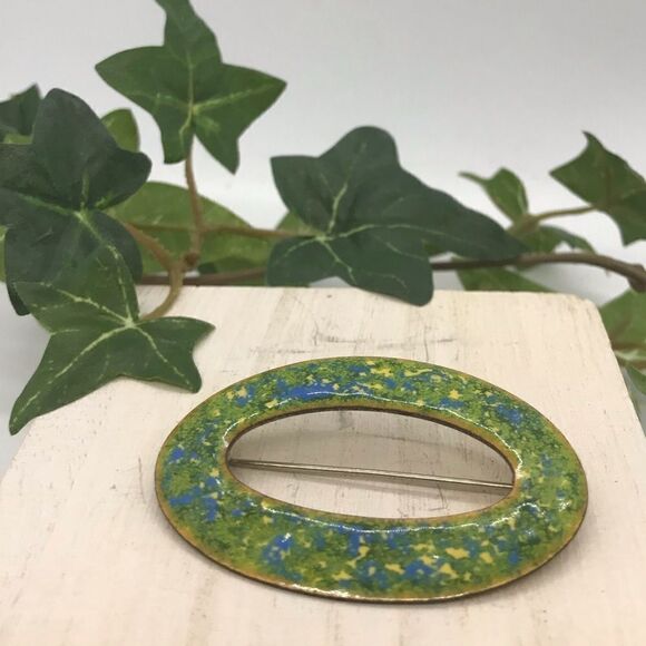 Vintage Enamel Oval Brooch 50s Mid Century Modern - Picture 1 of 13